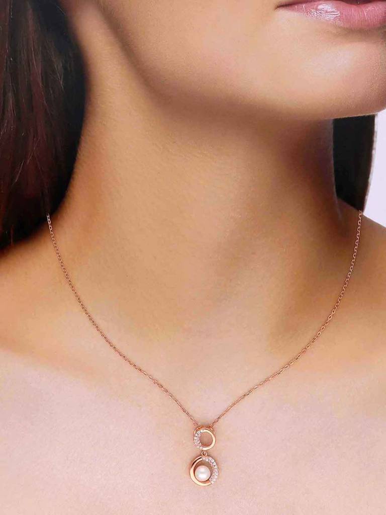 Sterling Silver Rose Gold Pearl Accent Necklace : NLCS520-RG-NA
