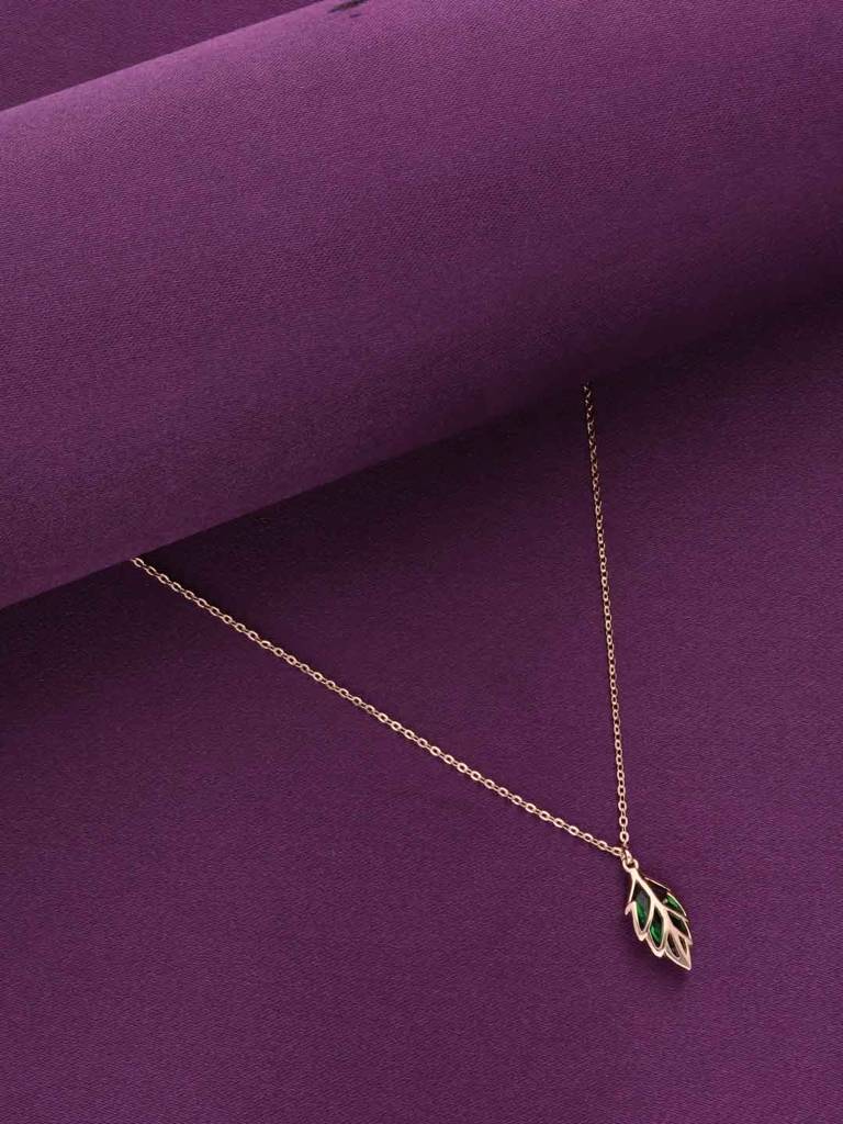 Sterling Silver Rose Gold Green Stylish Leaf Necklace : NLCS522-RG-NA