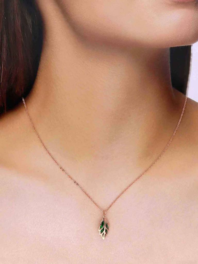 Sterling Silver Rose Gold Green Stylish Leaf Necklace : NLCS522-RG-NA