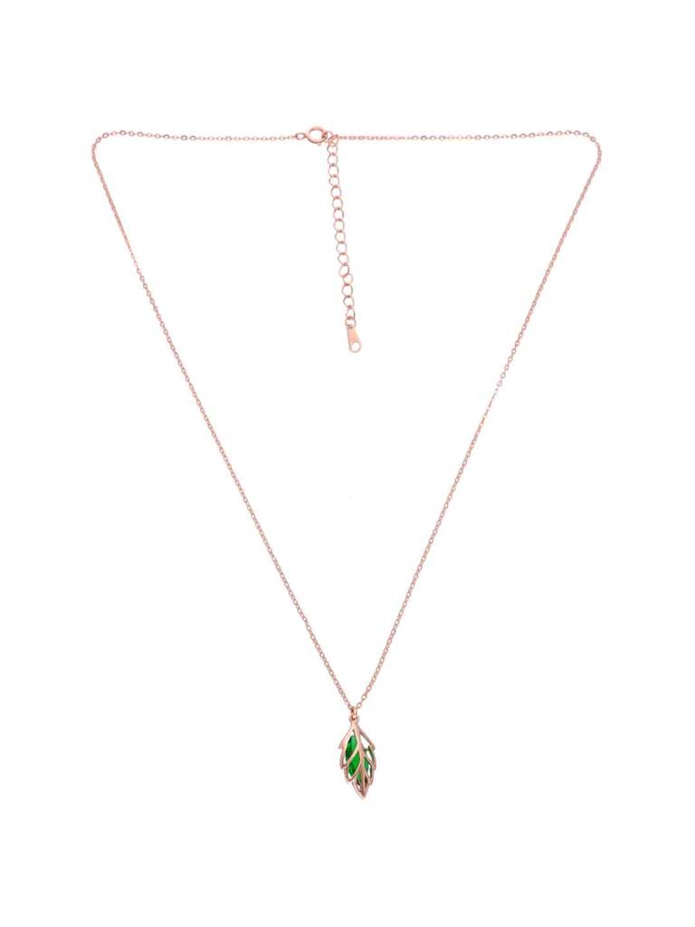Sterling Silver Rose Gold Green Stylish Leaf Necklace : NLCS522-RG-NA