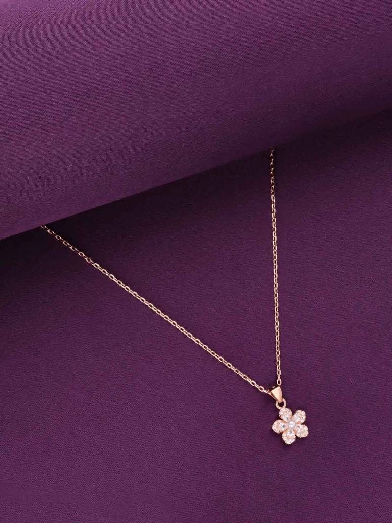 Sterling Silver Rose Gold Zircon Floral Necklace : NLCS524-RG-NA