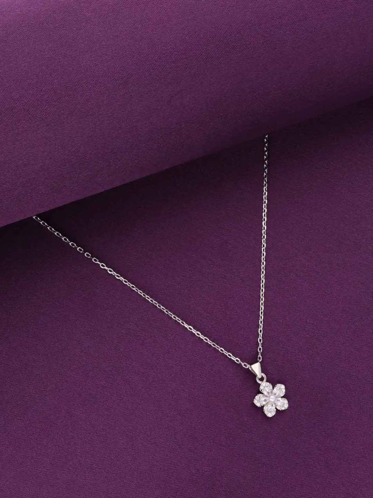 Sterling Silver Zircon Floral Necklace : NLCS524-S-NA