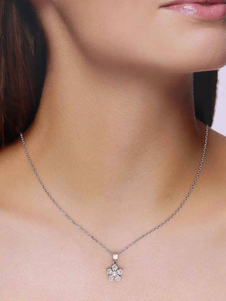 Sterling Silver Zircon Floral Necklace : NLCS524-S-NA