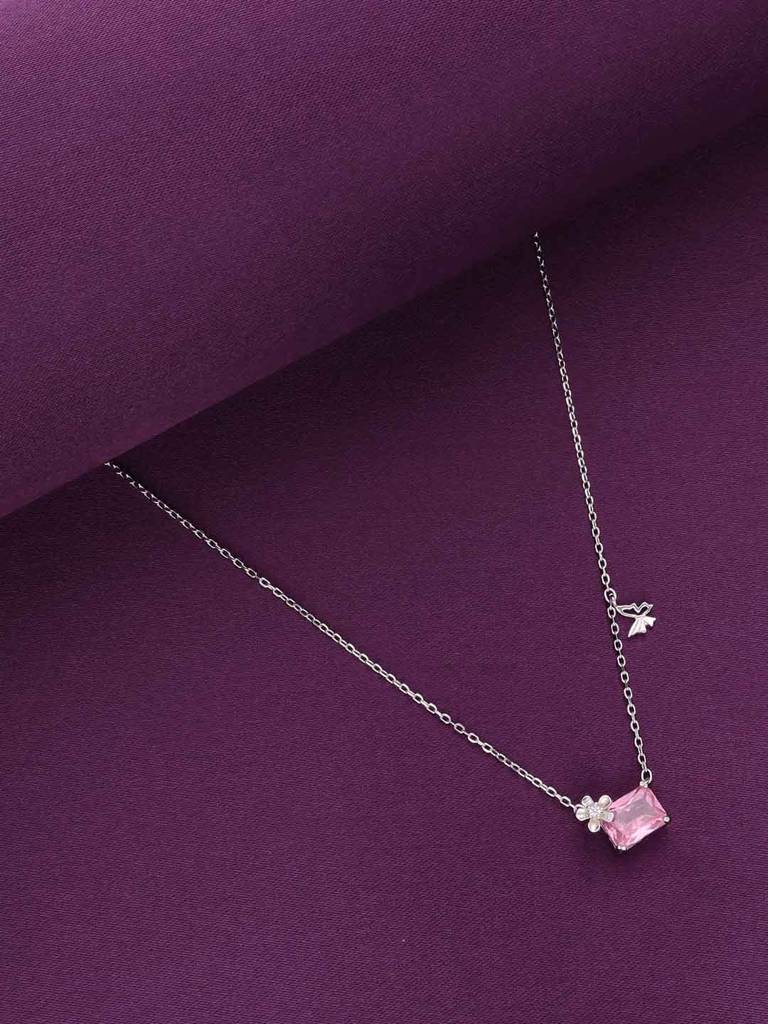 Sterling Silver Pink Emerald Cut Floral Necklace : NLCS525-S-NA