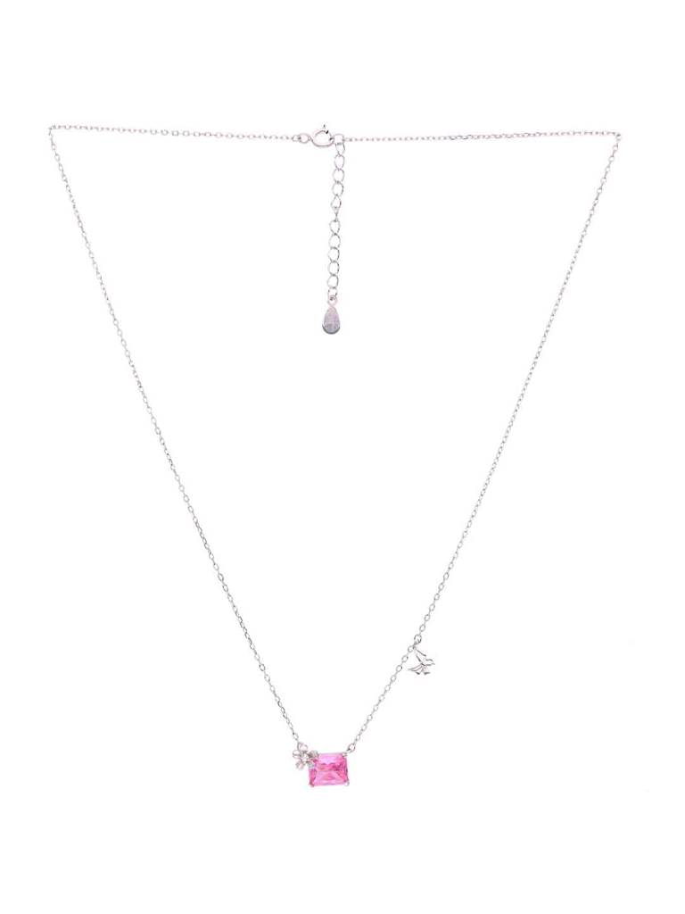 Sterling Silver Pink Emerald Cut Floral Necklace : NLCS525-S-NA