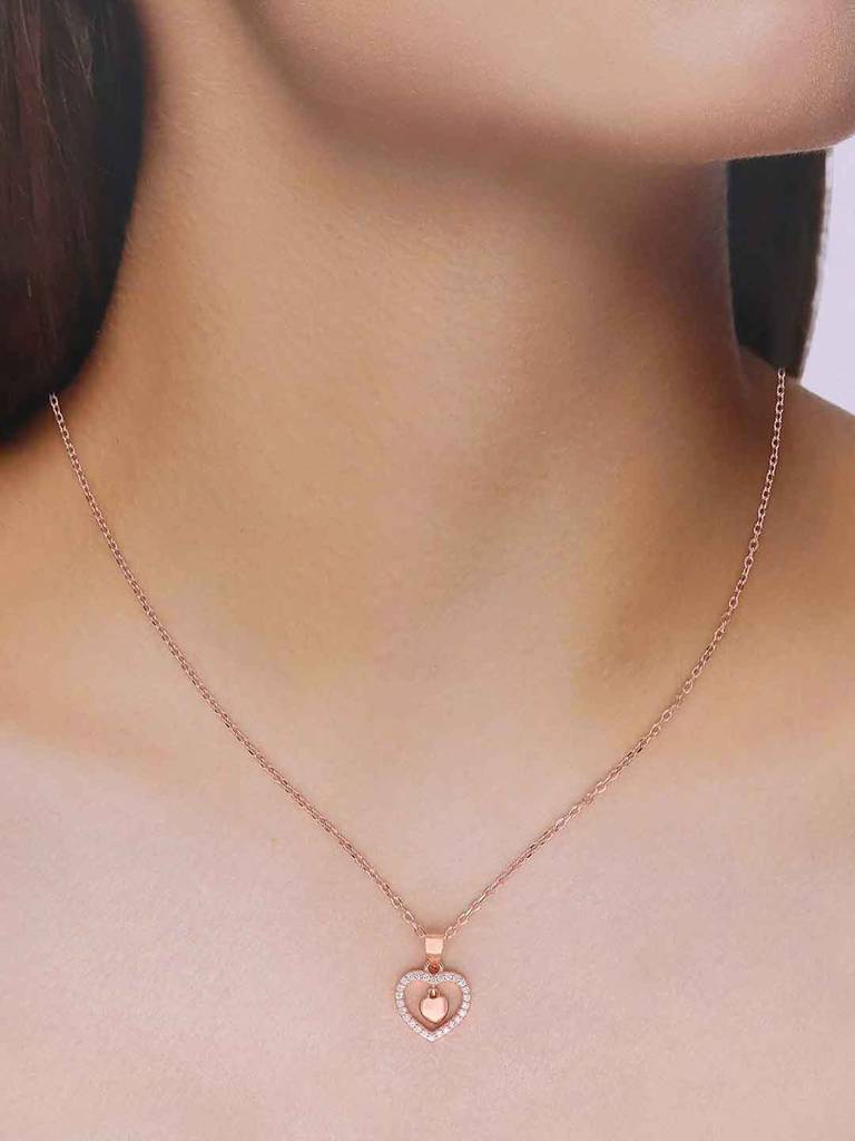 Sterling Silver Rose Gold Zircon Studded Heart Necklace : NLCS526-RG-NA