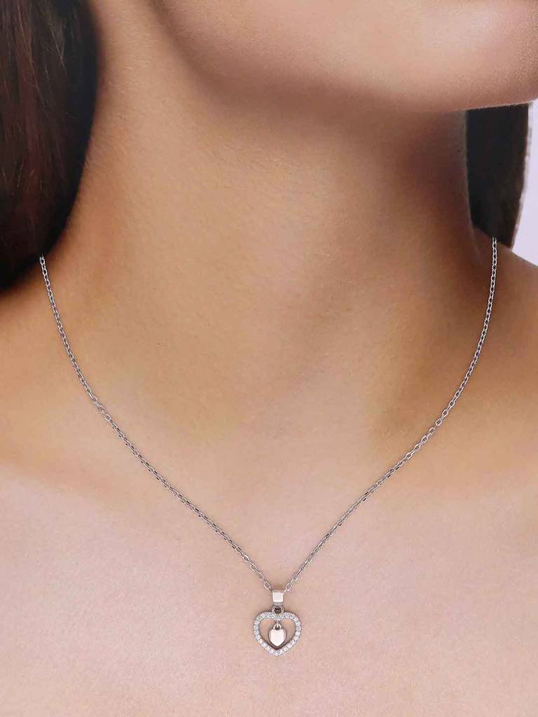 Sterling Silver Zircon Studded Heart Necklace : NLCS526-S-NA