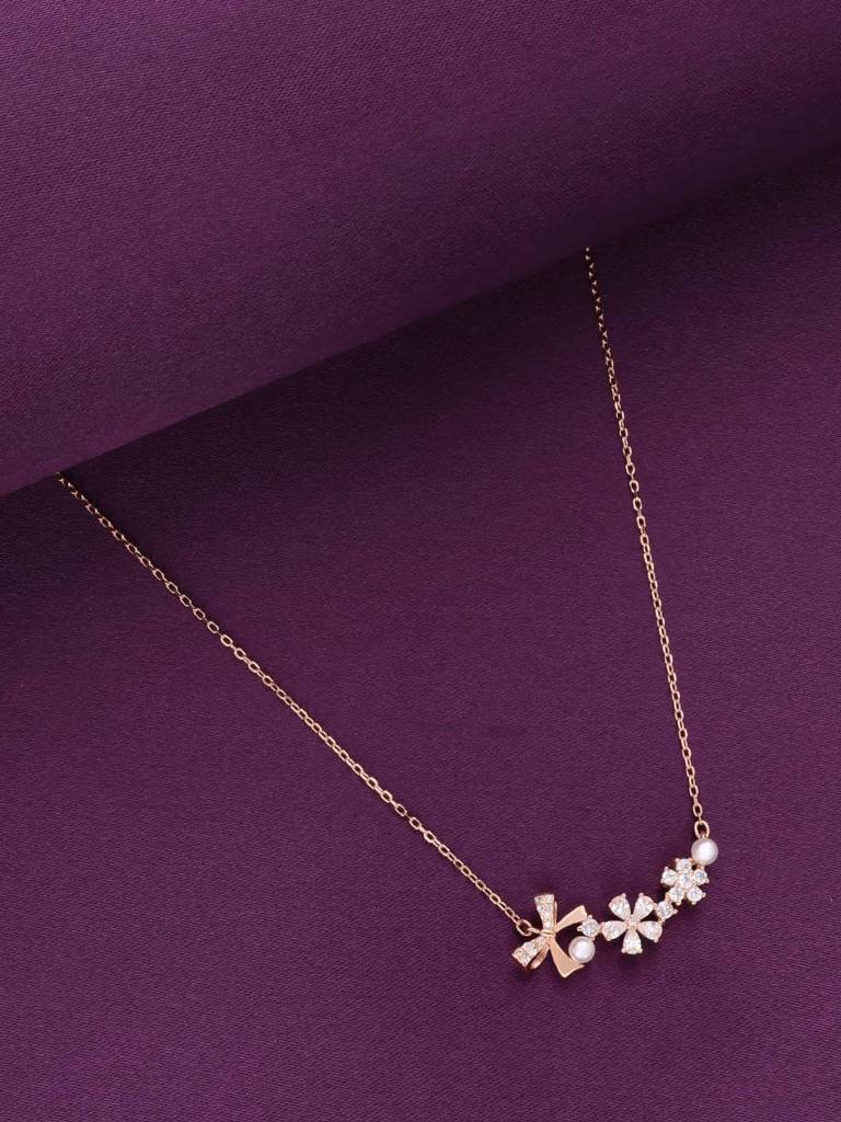 Sterling Silver Rose Gold Floral Pearl Elegance Necklace : NLCS535-RG-NA