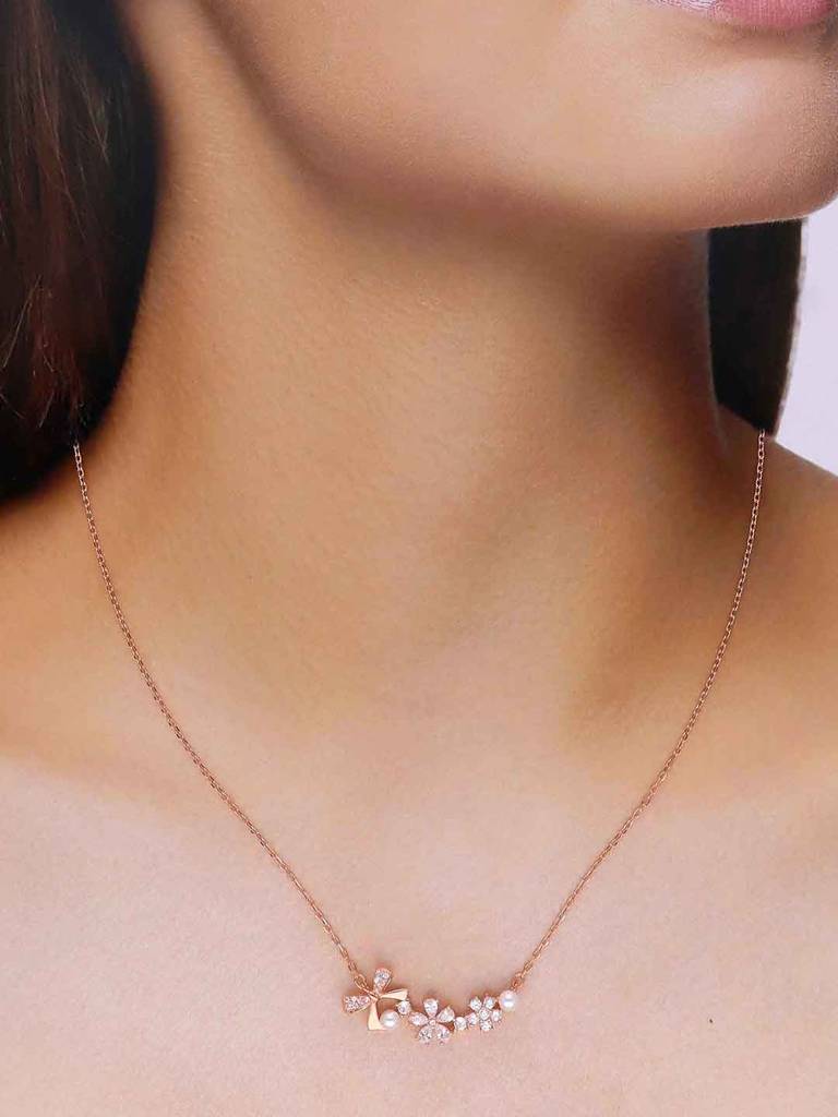 Sterling Silver Rose Gold Floral Pearl Elegance Necklace : NLCS535-RG-NA