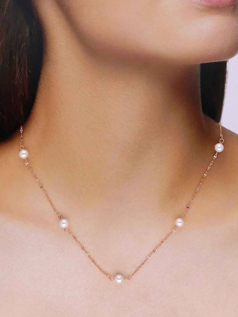 Sterling Silver Rose Gold Simple Pearl Link Chain Necklace : NLCS539-RG-NA