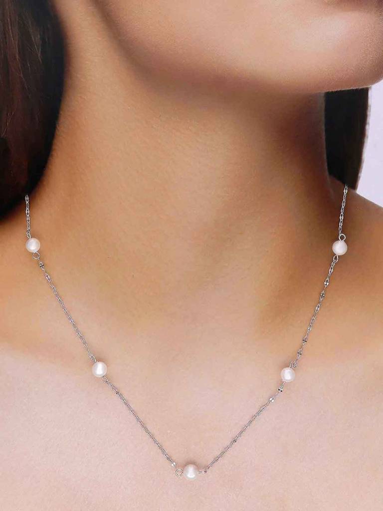 Sterling Silver Simple Pearl Link Chain Necklace : NLCS539-S-NA