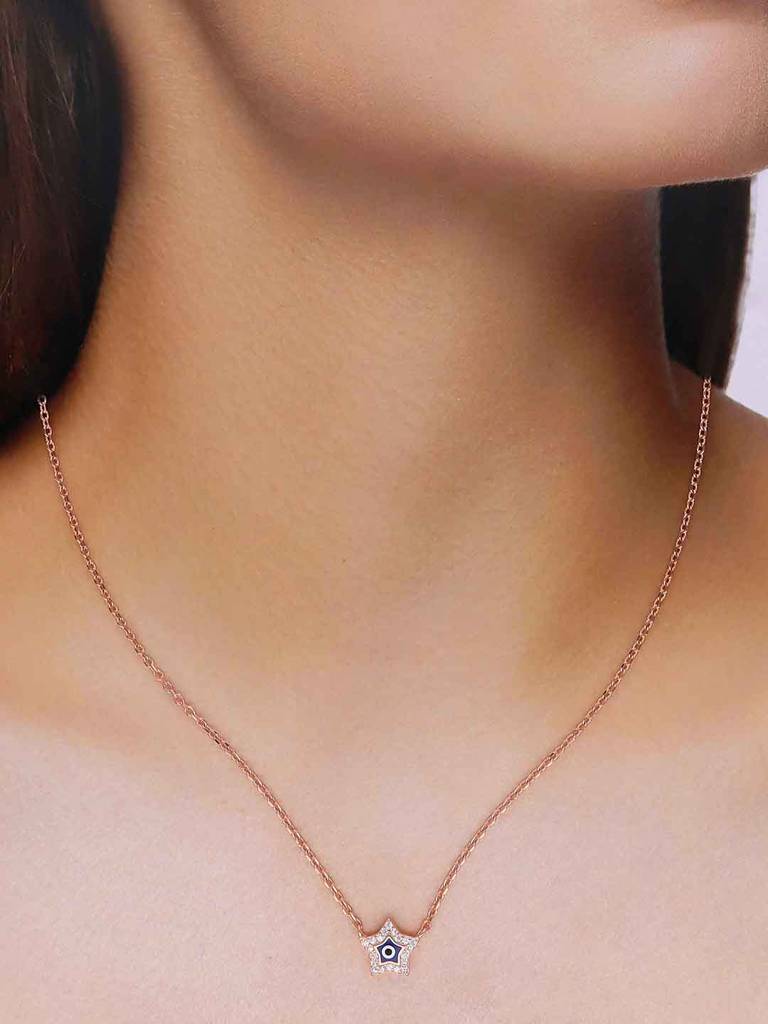 Sterling Silver Rose Gold Star Evil Eye Necklace : NLCS540-RG-NA