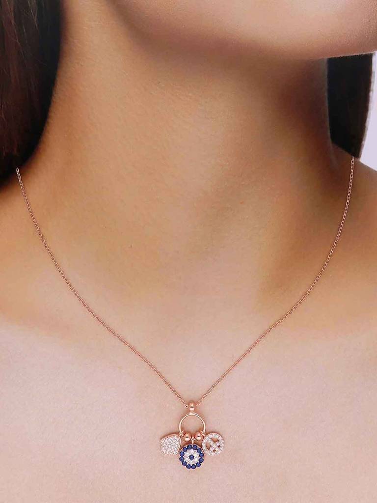 Sterling Silver Rose Gold Evil Eye Charm Necklace : NLCS544-RG-NA