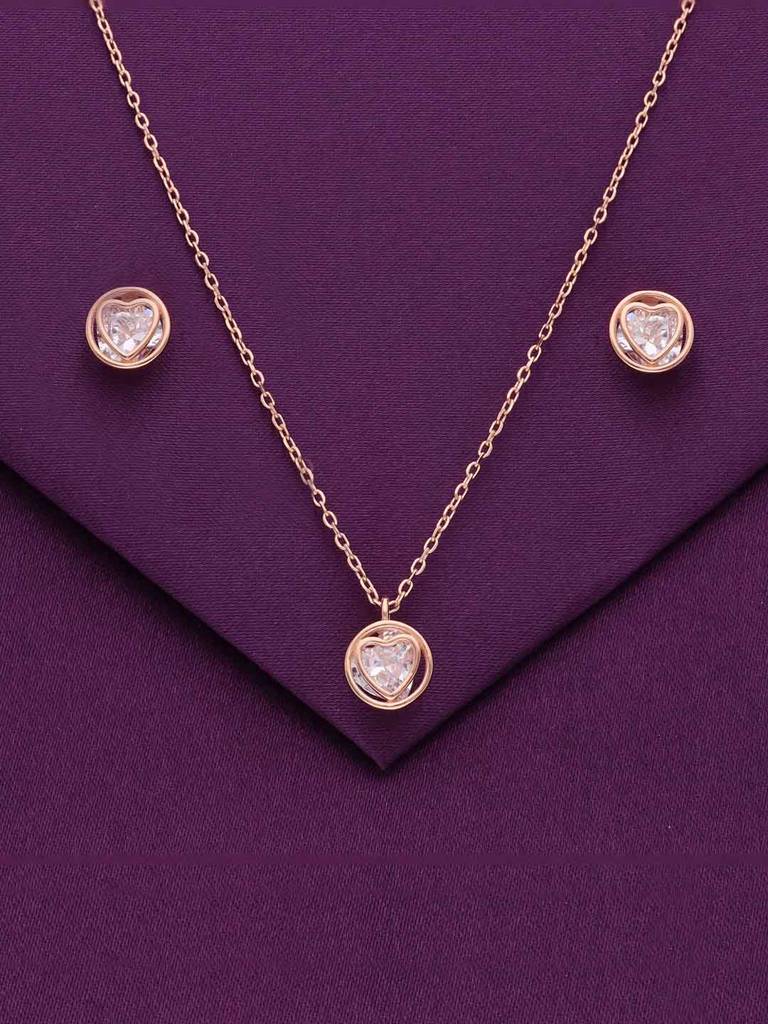Sterling Silver Rose Gold Zircon Encrusted Heart Necklace Set : NLCS552-RG-NA