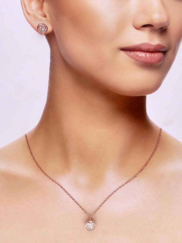 Sterling Silver Rose Gold Zircon Encrusted Heart Necklace Set : NLCS552-RG-NA