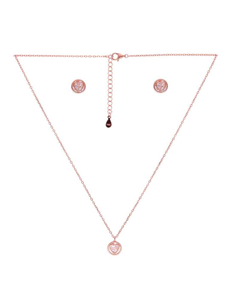 Sterling Silver Rose Gold Zircon Encrusted Heart Necklace Set : NLCS552-RG-NA