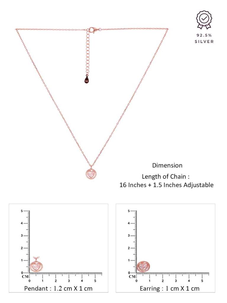 Sterling Silver Rose Gold Zircon Encrusted Heart Necklace Set : NLCS552-RG-NA