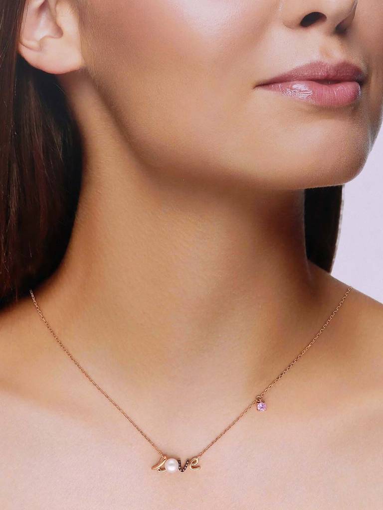 Sterling Silver Rose Gold Love Pearl Necklace : NLCS565-RG-NA