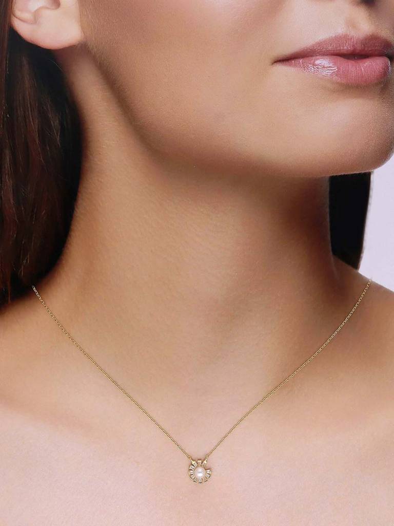 Sterling Silver Gold Baguette Studded Pearl Necklace : NLCS566-G-NA