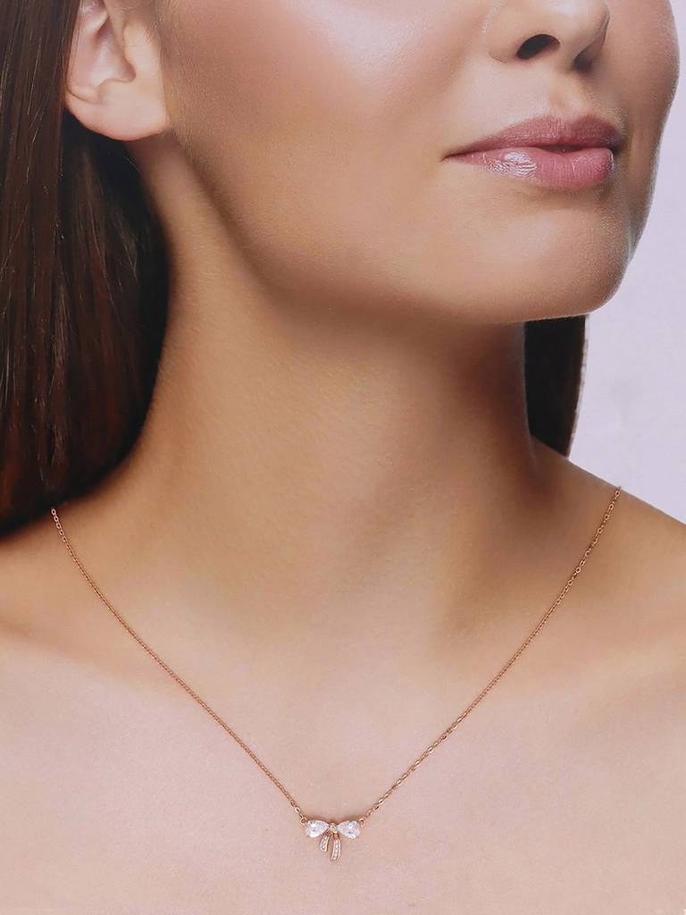 Sterling Silver Zircon Studded Bow Necklace : NLCS573-RG-NA