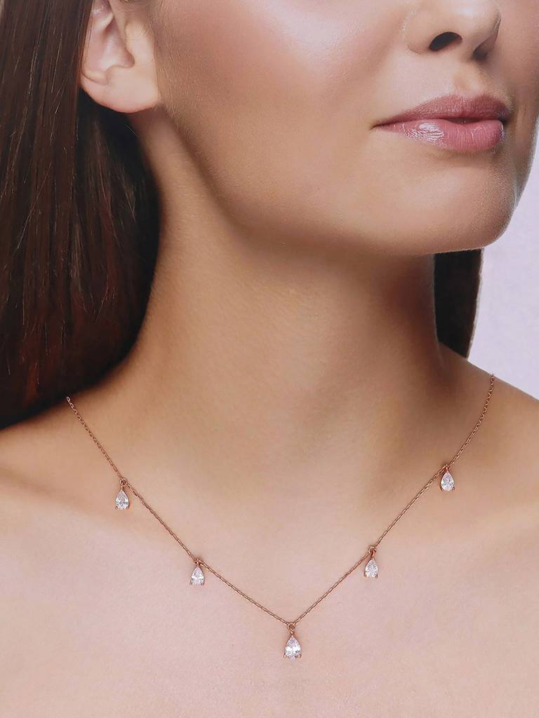 Sterling Silver Rose Gold Zircon Drop Necklace : NLCS574-RG-NA