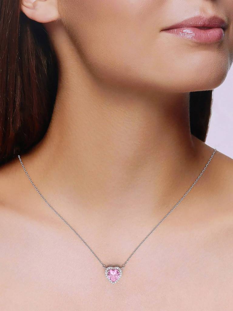 Sterling Silver Pink Love Heart Necklace : NLCS575-S-NA