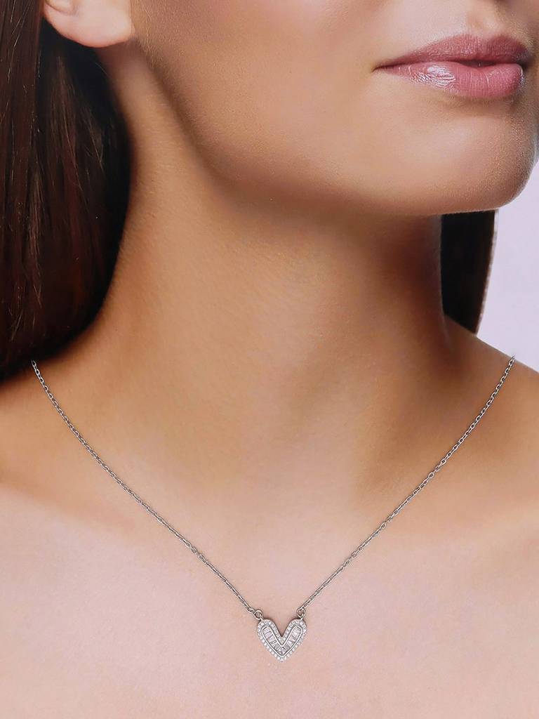 Sterling Silver Studded Heart Necklace : NLCS576-S-NA