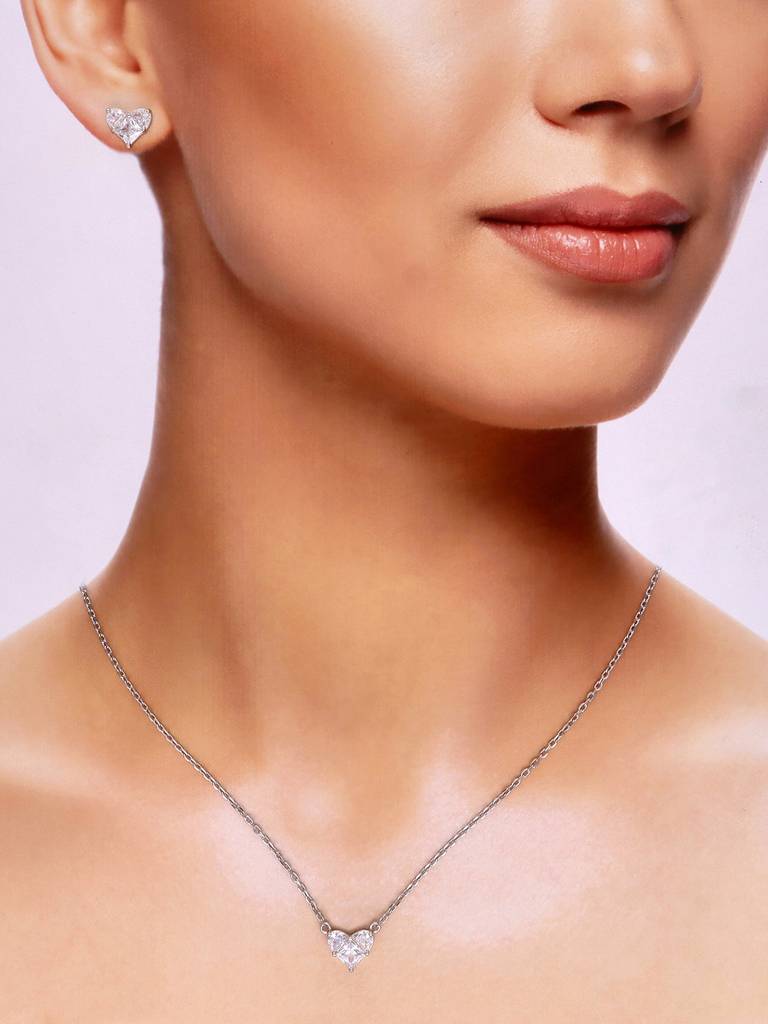 925 Sterling Silver Heart Necklace Stud Earrings Set 925