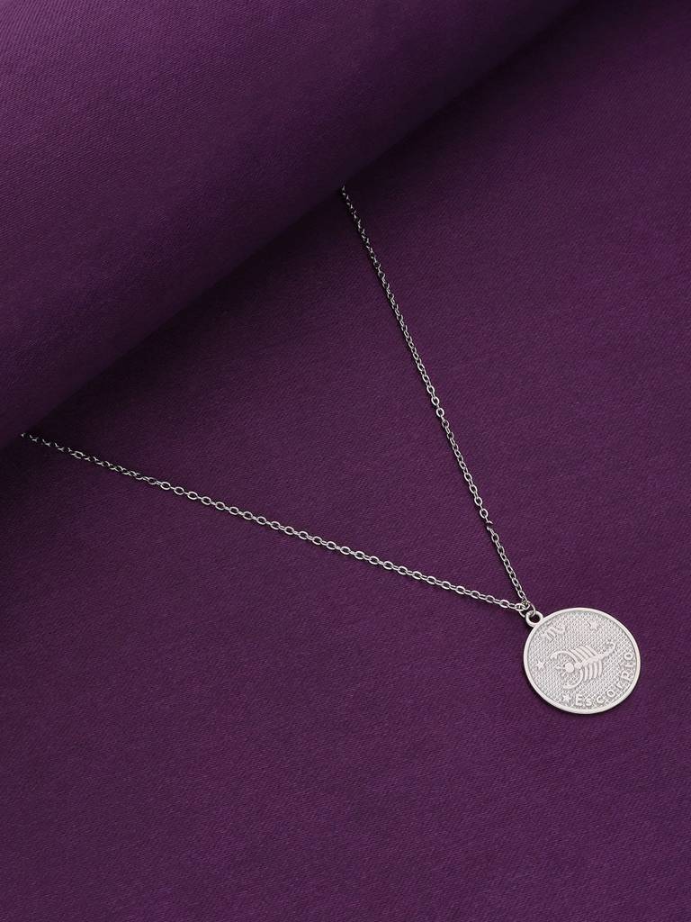 Sterling Silver Minimalistic Scorpio Zodiac Engraved Disc Chain Necklace : NLCS76-S-NA
