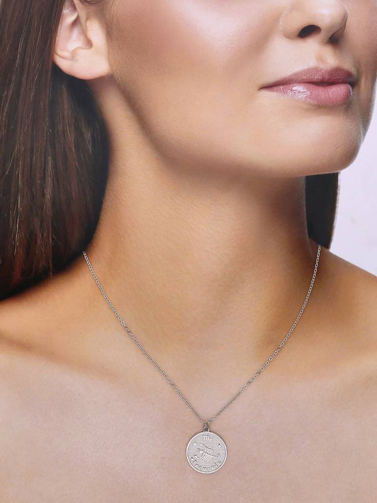 Sterling Silver Minimalistic Scorpio Zodiac Engraved Disc Chain Necklace : NLCS76-S-NA