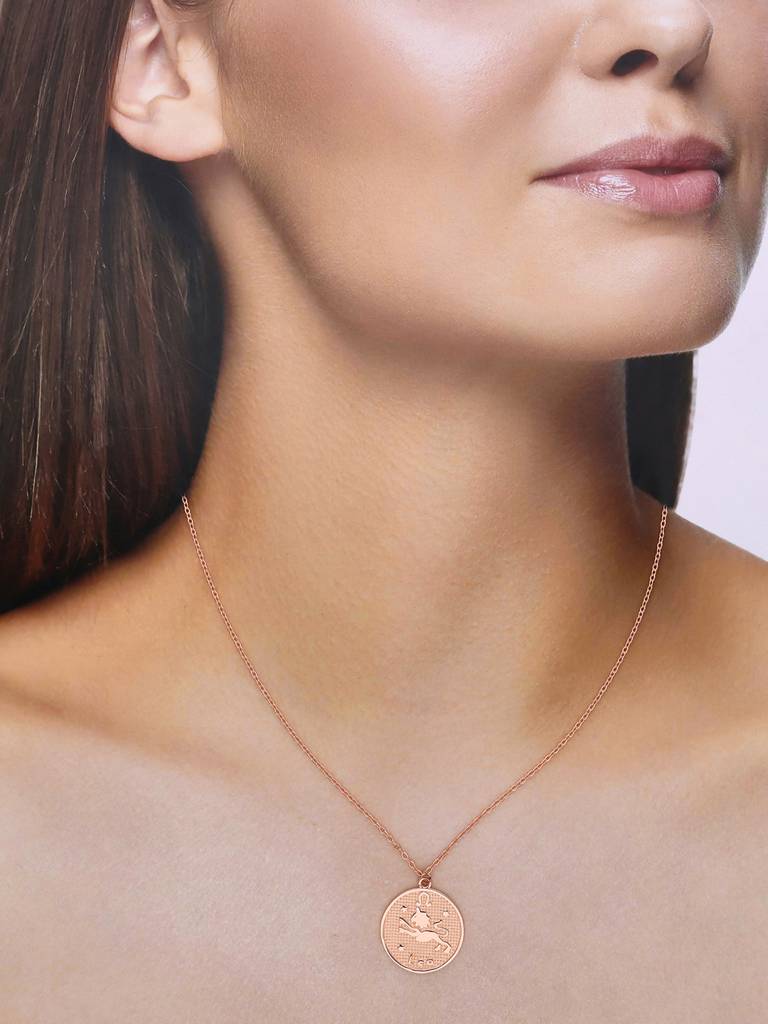 Sterling Silver Rose Gold Minimalistic Leo Zodiac Engraved Disc Chain Necklace : NLCS79-RG-NA