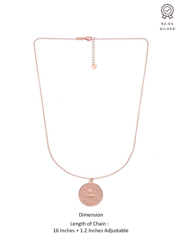 Sterling Silver Rose Gold Minimalistic Leo Zodiac Engraved Disc Chain Necklace : NLCS79-RG-NA