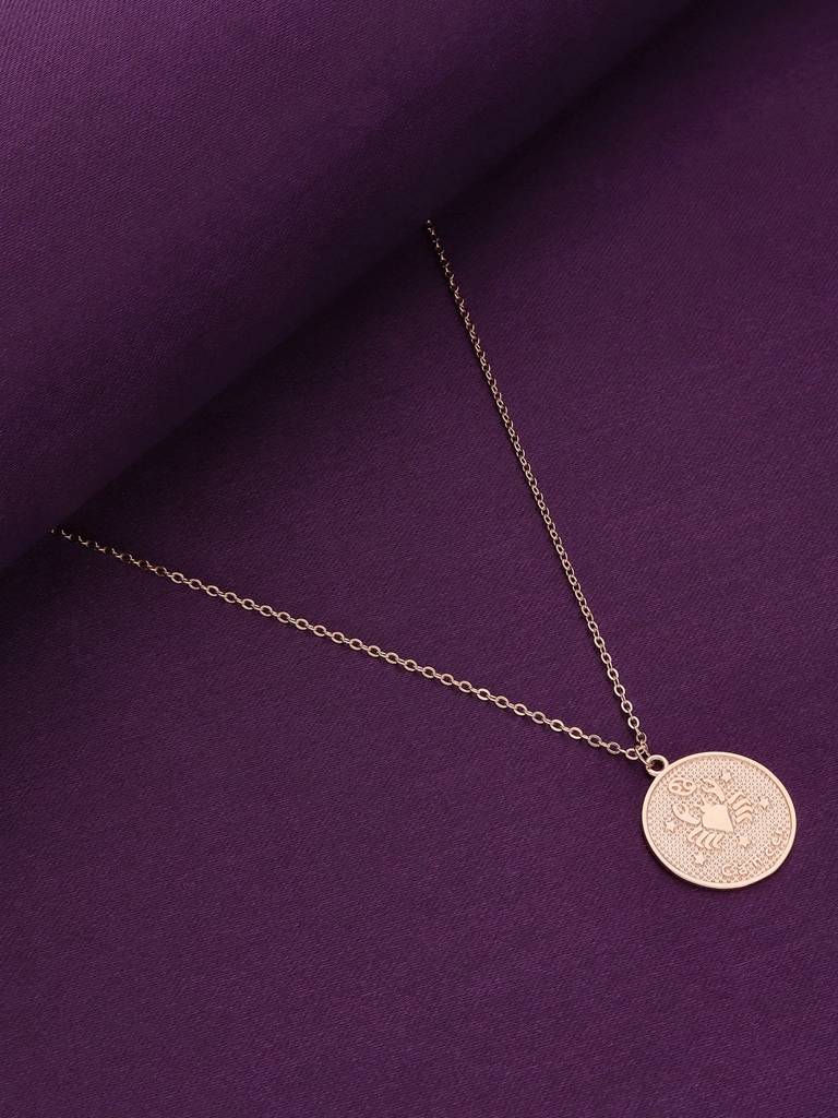 Sterling Silver Rose Gold Minimalistic Cancer Zodiac Engraved Disc Chain Necklace : NLCS81-RG-NA