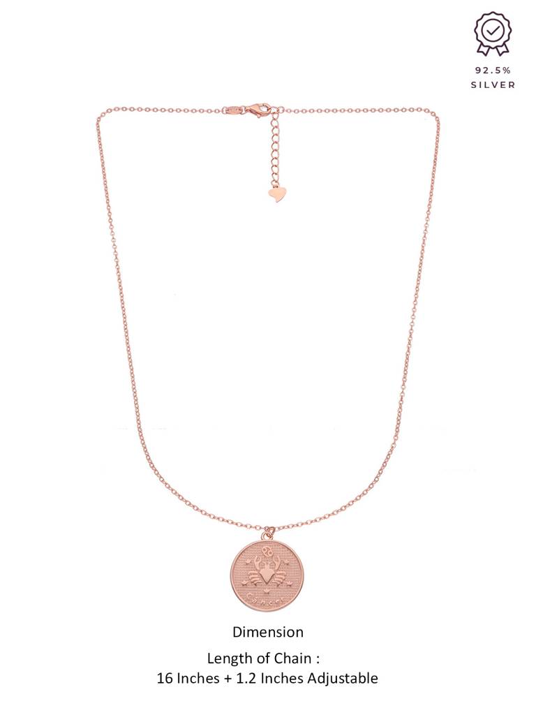 Sterling Silver Rose Gold Minimalistic Cancer Zodiac Engraved Disc Chain Necklace : NLCS81-RG-NA
