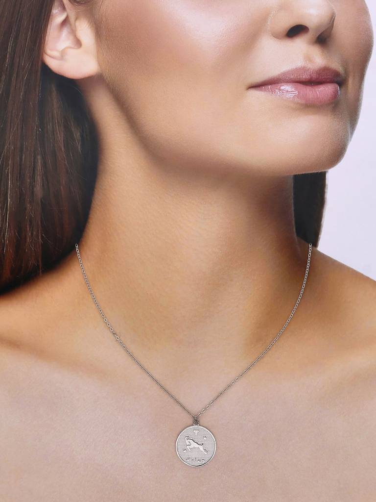 Sterling Silver Minimalistic Aries Zodiac Engraved Disc Chain Necklace : NLCS82-S-NA