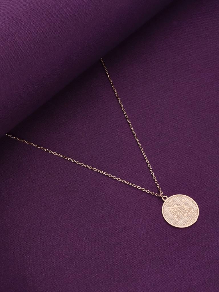 Sterling Silver Rose Gold Minimalistic Libra Zodiac Engraved Disc Chain Necklace : NLCS87-RG-NA