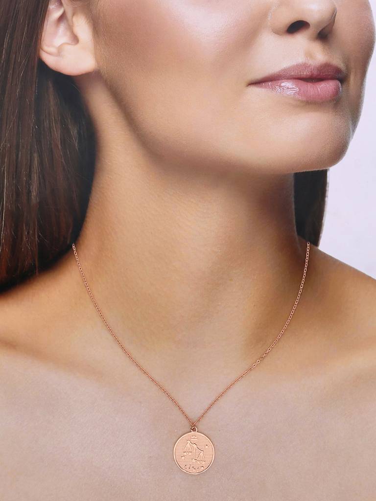 Sterling Silver Rose Gold Minimalistic Libra Zodiac Engraved Disc Chain Necklace : NLCS87-RG-NA