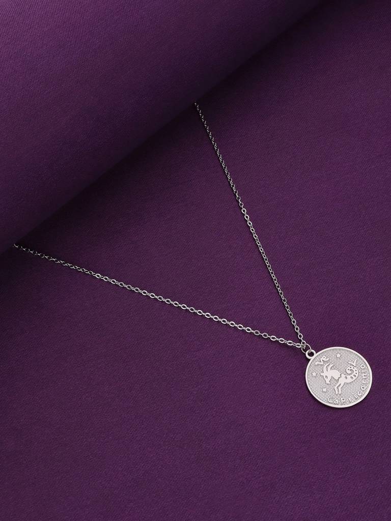 Sterling Silver Minimalistic Capricorn Zodiac Engraved Disc Chain Necklace : NLCS88-S-NA