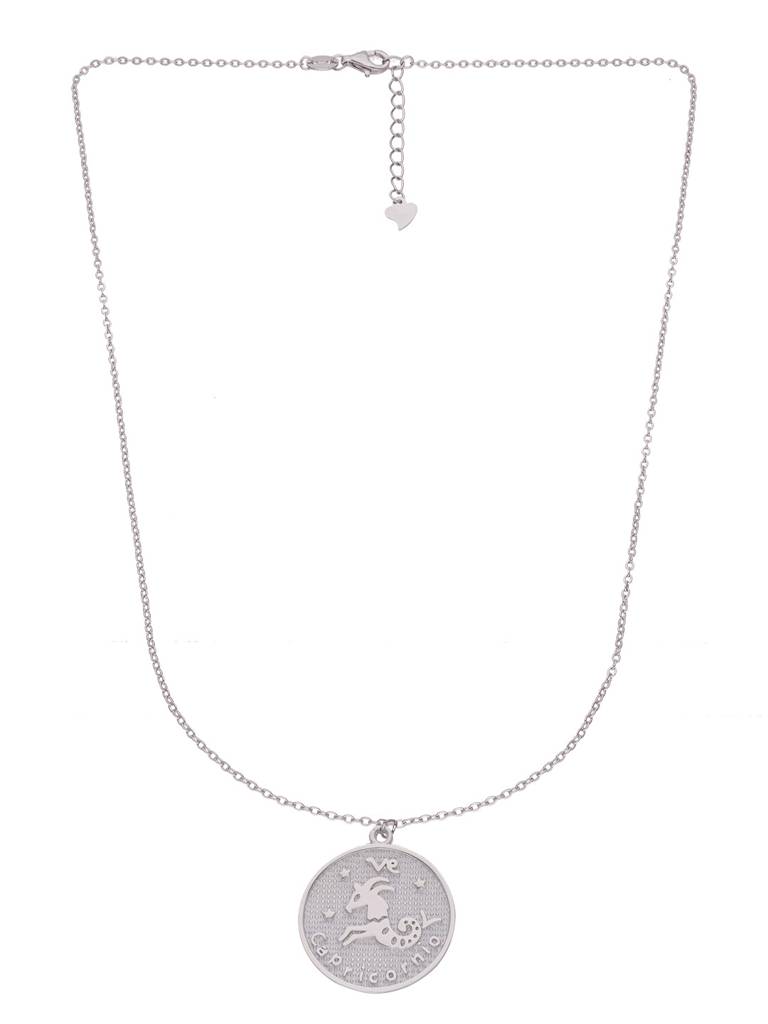 Sterling Silver Minimalistic Capricorn Zodiac Engraved Disc Chain Necklace : NLCS88-S-NA