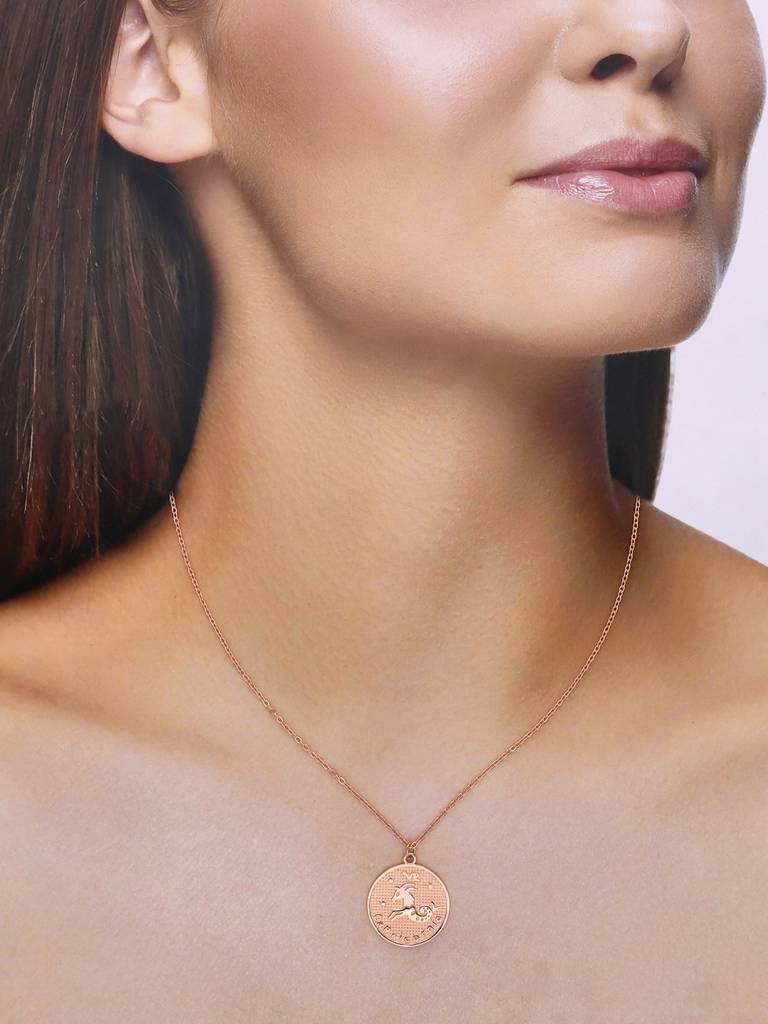 Sterling Silver Rose Gold Minimalistic Capricorn Zodiac Engraved Disc Chain Necklace : NLCS89-RG-NA