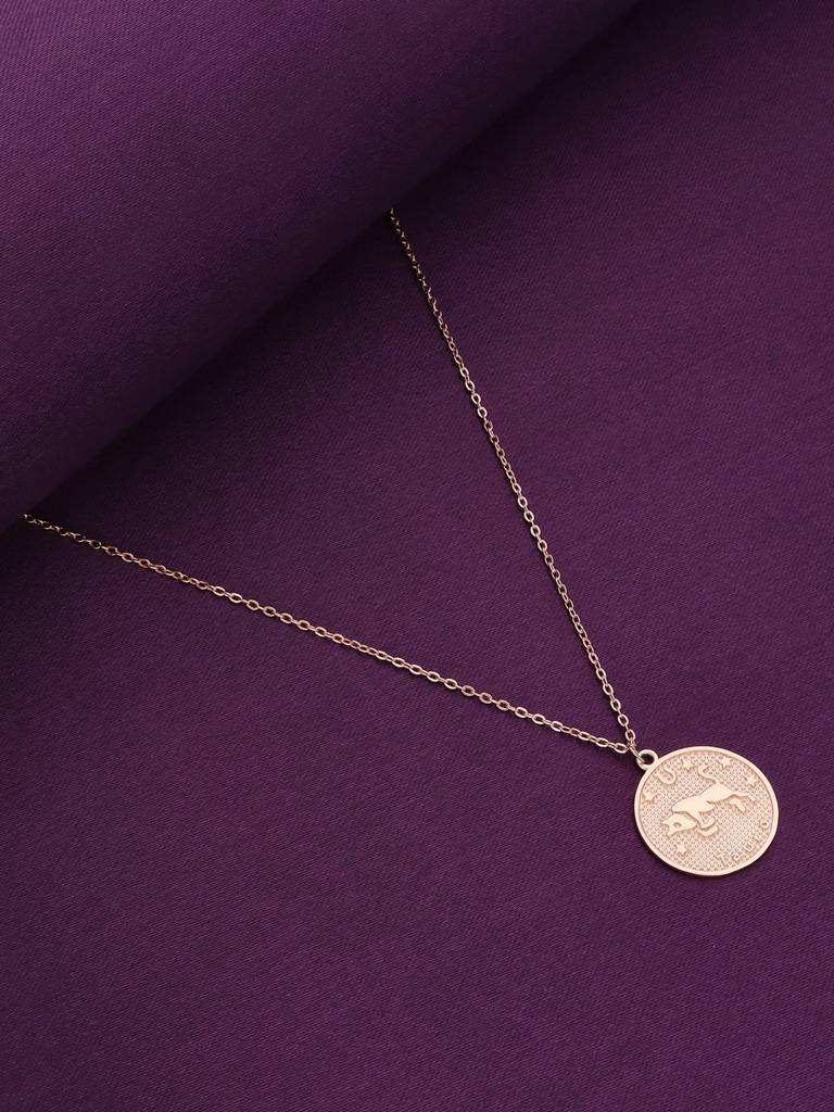 Sterling Silver Rose Gold Minimalistic Taurus Zodiac Engraved Disc Chain Necklace : NLCS91-RG-NA