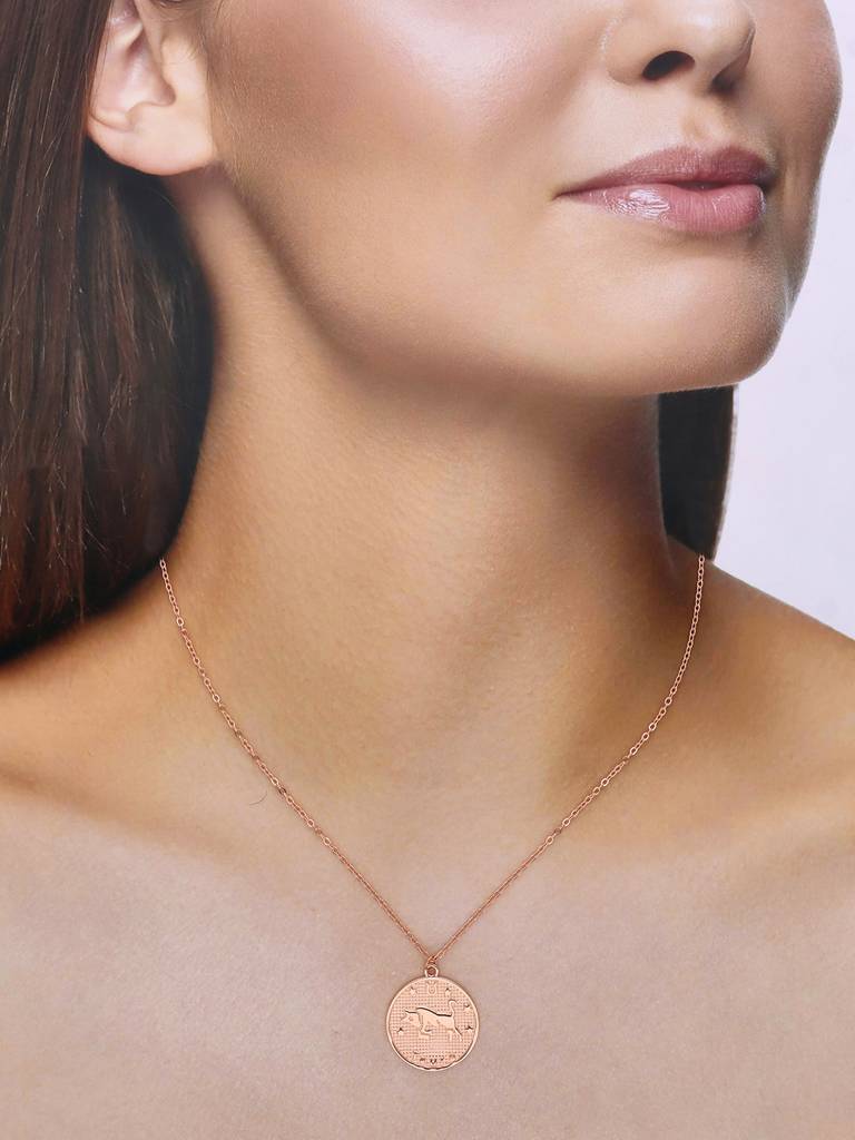 Sterling Silver Rose Gold Minimalistic Taurus Zodiac Engraved Disc Chain Necklace : NLCS91-RG-NA