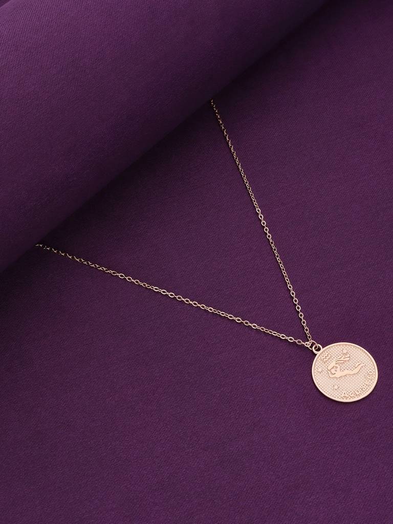 Sterling Silver Rose Gold Minimalistic Aquarius Zodiac Engraved Disc Chain Necklace : NLCS93-RG-NA