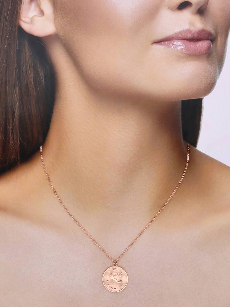 Sterling Silver Rose Gold Minimalistic Aquarius Zodiac Engraved Disc Chain Necklace : NLCS93-RG-NA