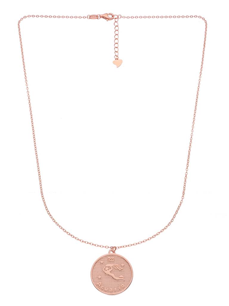 Sterling Silver Rose Gold Minimalistic Aquarius Zodiac Engraved Disc Chain Necklace : NLCS93-RG-NA