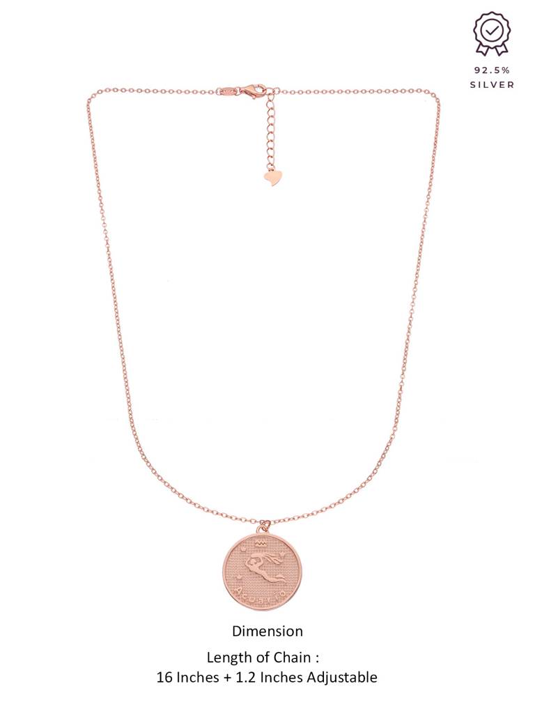 Sterling Silver Rose Gold Minimalistic Aquarius Zodiac Engraved Disc Chain Necklace : NLCS93-RG-NA