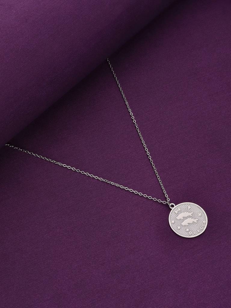 Sterling Silver Minimalistic Pisces Zodiac Engraved Disc Chain Necklace : NLCS94-S-NA