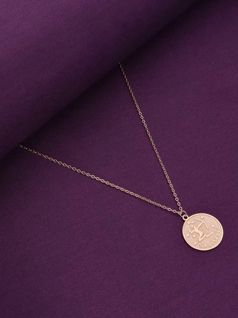 Sterling Silver Rose Gold Minimalistic Sagittarius Zodiac Engraved Disc Chain Necklace : NLCS97-RG-NA