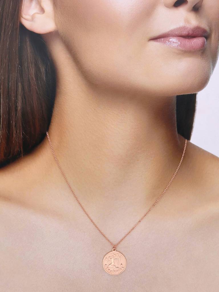 Sterling Silver Rose Gold Minimalistic Sagittarius Zodiac Engraved Disc Chain Necklace : NLCS97-RG-NA