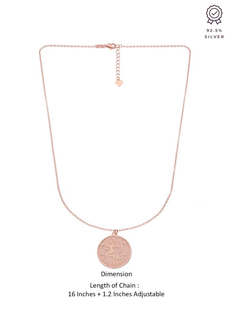 Sterling Silver Rose Gold Minimalistic Sagittarius Zodiac Engraved Disc Chain Necklace : NLCS97-RG-NA